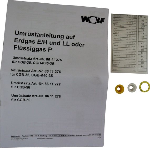 Wolf Umrüstsatz Flüssiggas - Erdgas E/LL und Erdgas E - LL, für CGB-(K)-35 8611275