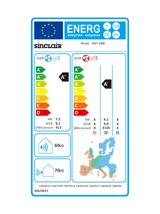 Sinclair,  Innengerät Inverter 7,2 kW Kühlen / 7,9 kW Heizen AST-24BI2 I