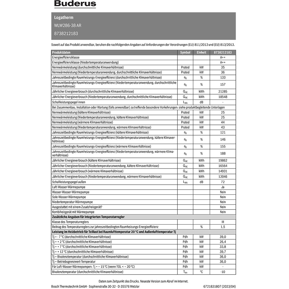 Buderus Luft-Wasser-Wärmepupme Logatherm WLW286-38 AR mit Logamatic WPM100