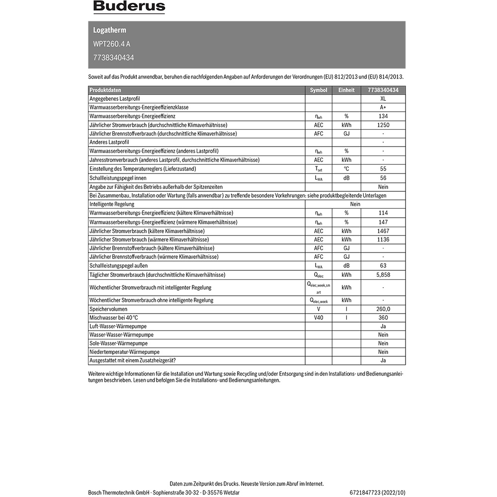 Buderus WPT260.4 A, Logatherm Warmwasser-Wärmepumpe 7738340434