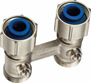 Buderus Zweirohr-Hahnblock für Ventilheizkörper, Durchgangsform, 3/4′′ x 3/4′′ 7738317846, vernickelt, Messing, Korrosionsbeständig