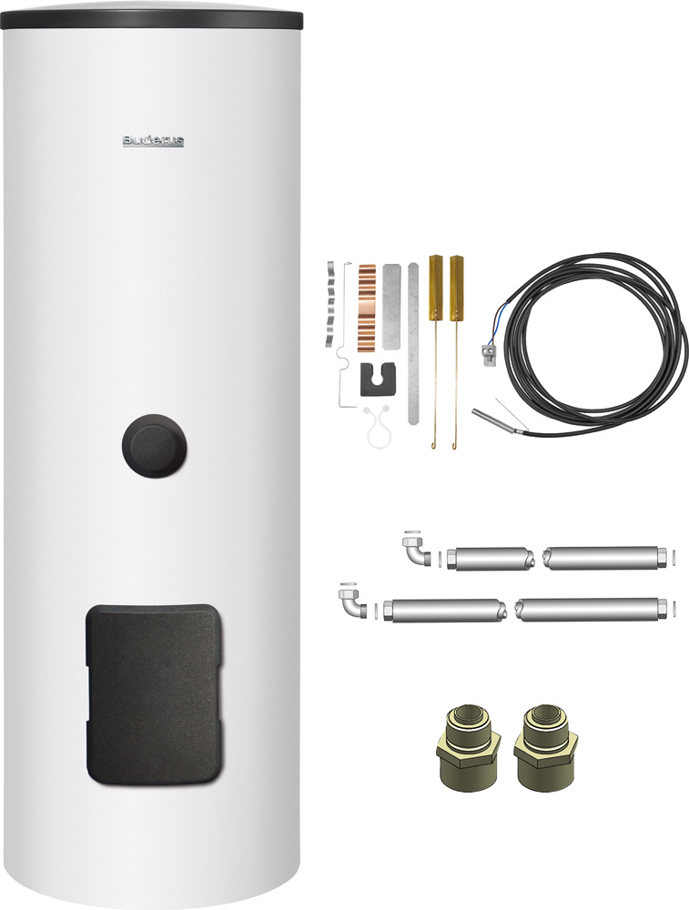 Buderus Bivalenter Warmwasserspeicher SM310.5 EW-B, 300 Liter, Fühler-Set, Schraubstutzen 7739622518, Industrie-Regal